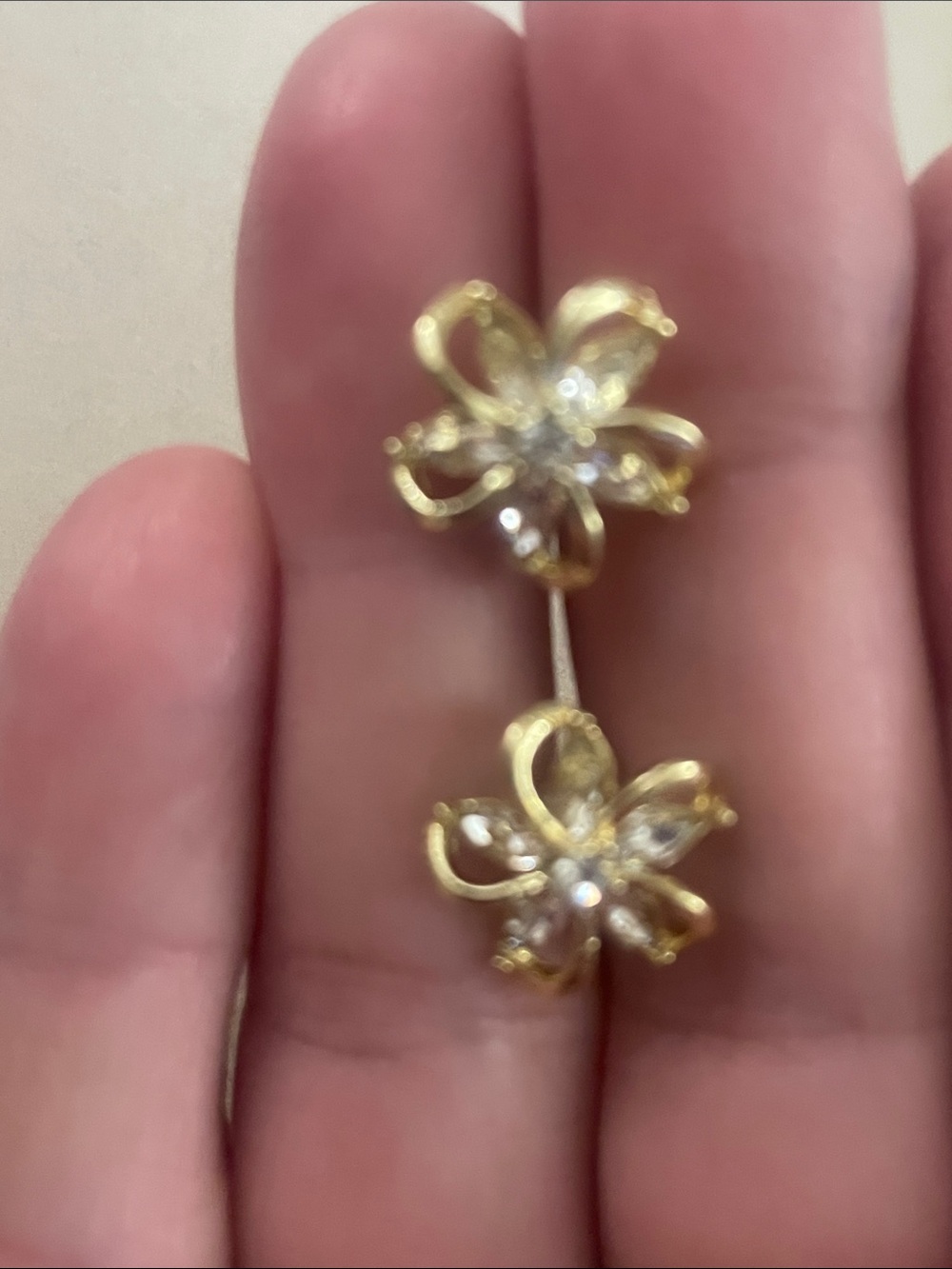 Gold Floral Drop Earrings with Clear Stones